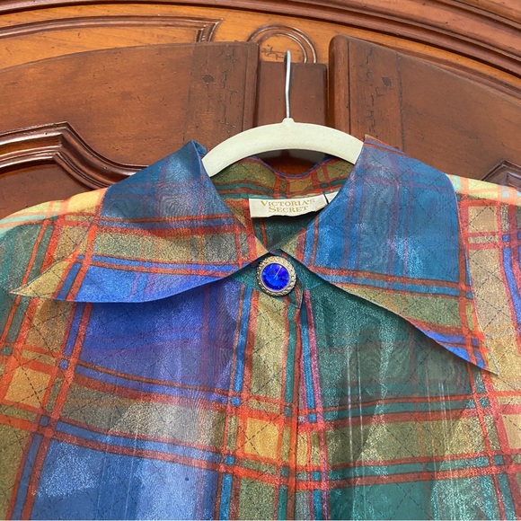 Vintage Victoria’s Secret Gold Label Plaid Bed Jacket | Sheer Artsy Clowncore - Picture 4 of 6